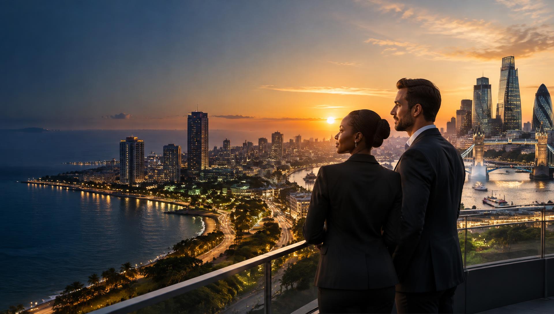 African and British business leaders overlooking connected city skylines
